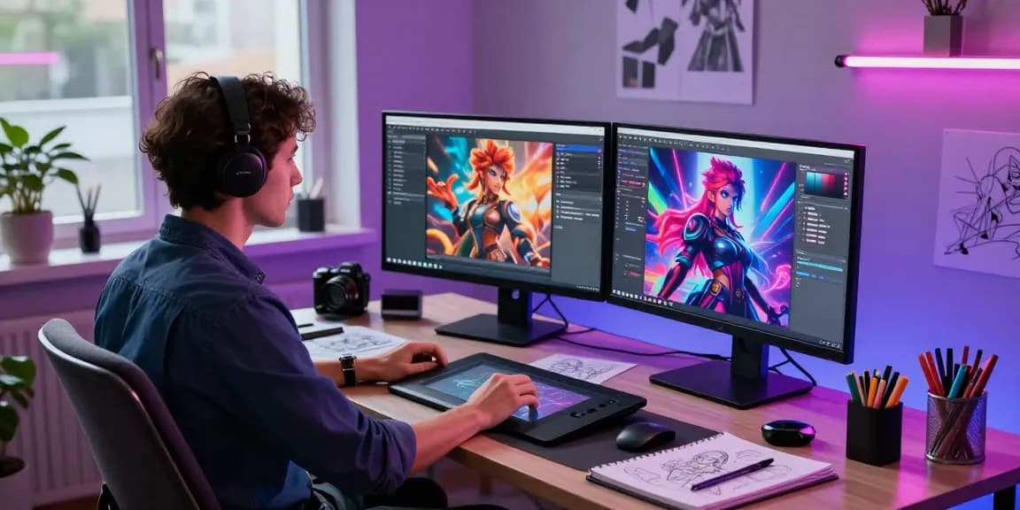 Creative professional designing vibrant nsfw ai content in a modern digital art studio.