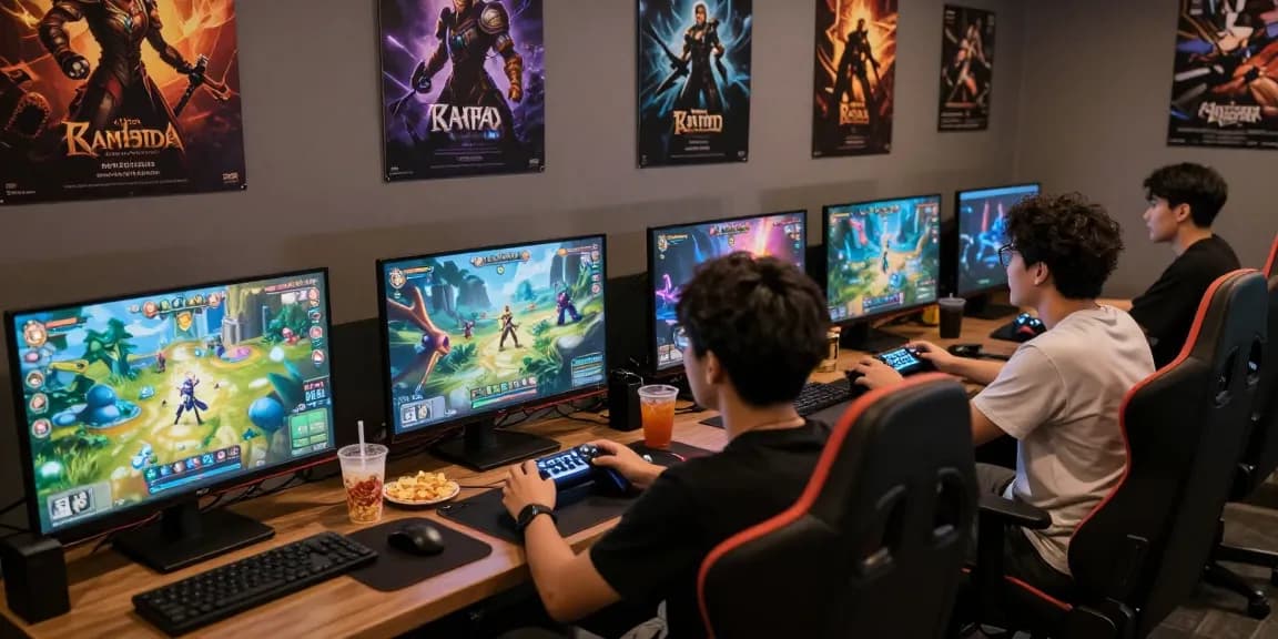 Group enjoying Adult RPG Games in cozy gaming lounge with vibrant screens and snacks.
