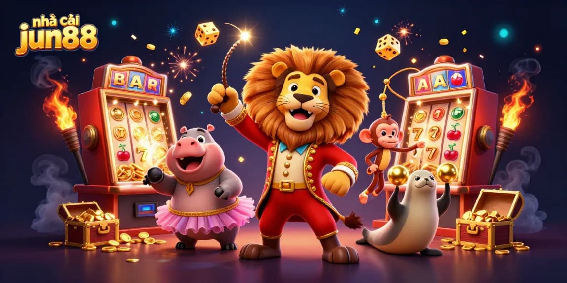 Engage in thrilling games at nhà cái jun88 with a vibrant circus-inspired casino scene featuring fun characters.