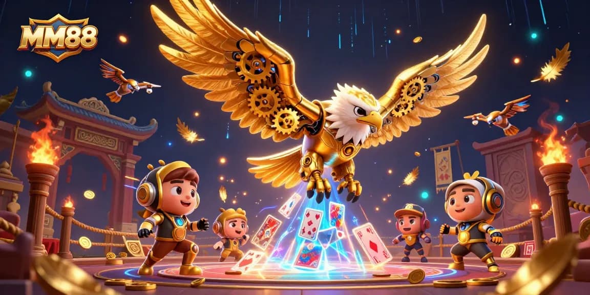 Experience thrilling MM88 action with a dynamic cybernetic golden eagle diving through holographic cards.
