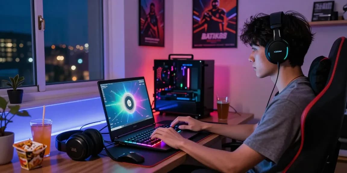 Akses game online BATIK88 di ruangan nyaman dengan gamer fokus pada laptop di malam hari.