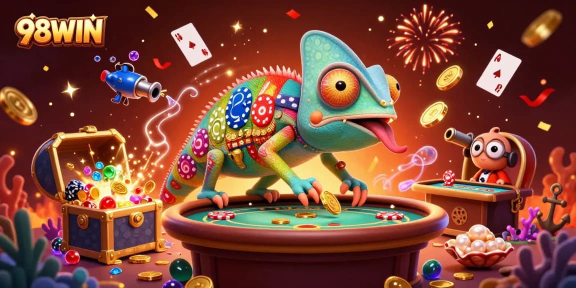 Experience the excitement of 98WIN with a dynamic chameleon casino owner amidst treasures and gaming elements.