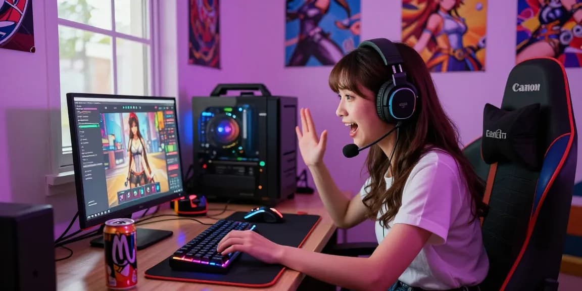 Gamer woman engaging in a female hentai game on her laptop surrounded by vibrant decor.