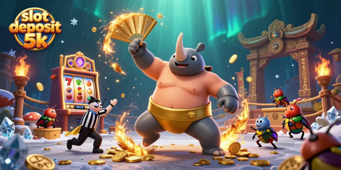 Experience the excitement of slot deposit 5k with a dynamic illustration of a rhinoceros beetle champion sending coins flying.