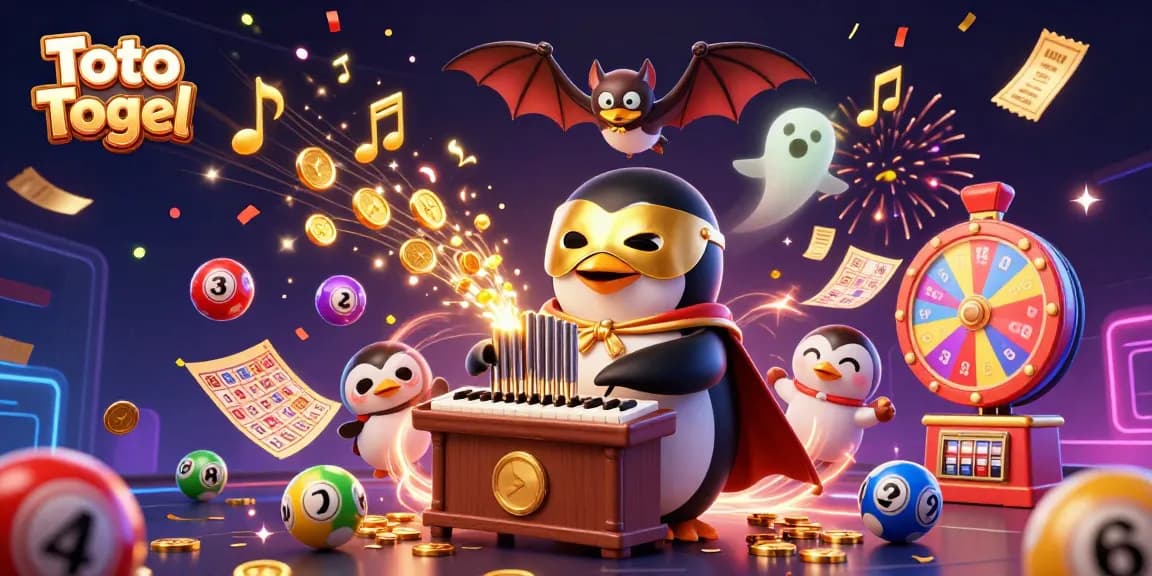 Menghadirkan Toto Togel, penguin opera bermain alat musik dengan bola lotre berwarna-warni meluncur dalam suasana meriah.