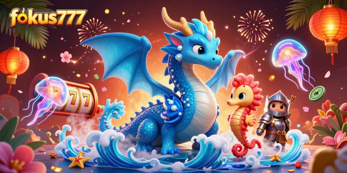 Engage with fokus777 as the azure water dragon leads the thrilling slots adventure amidst vibrant symbols.