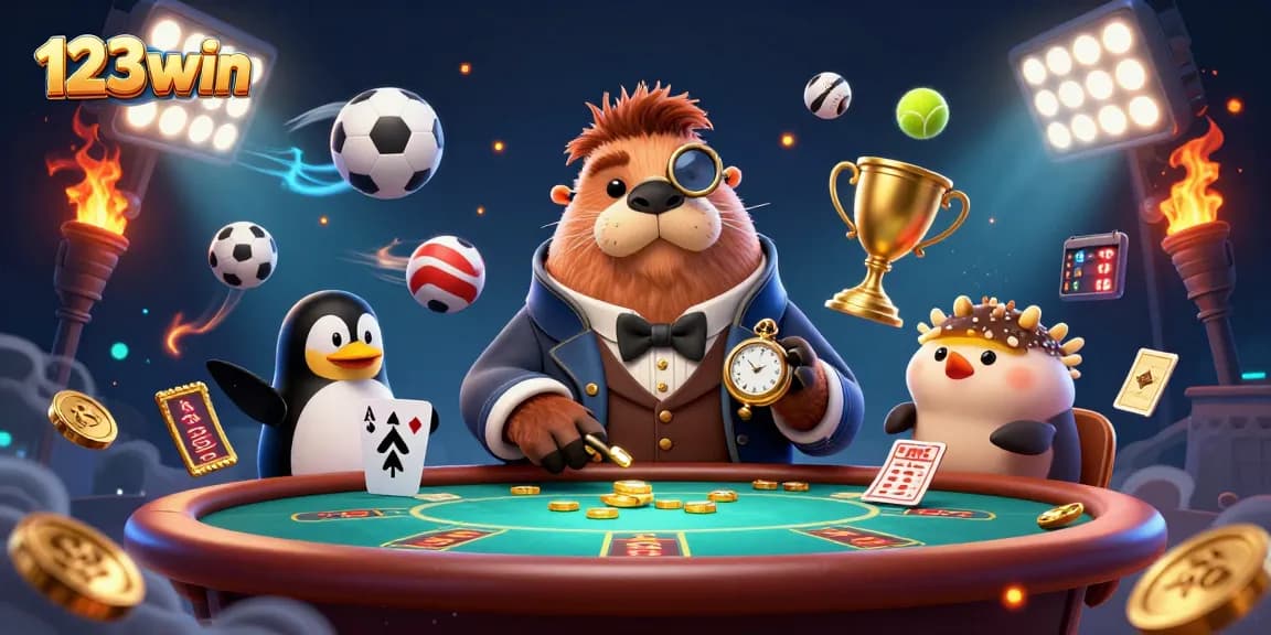 Experience thrilling action at 123win with a jolly walrus and playful characters in an underwater poker game.