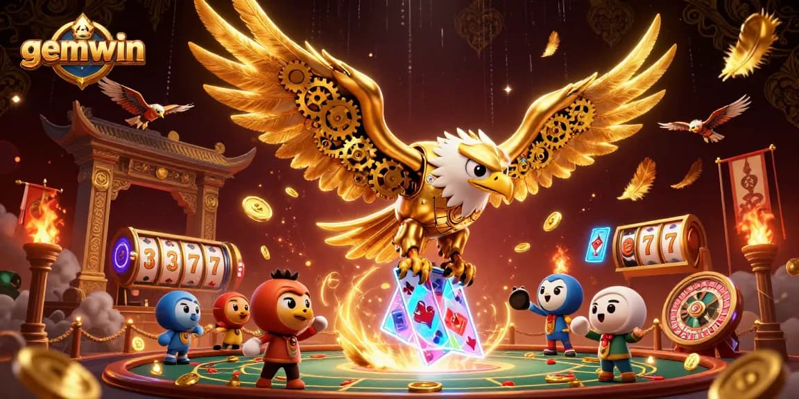 Experience thrilling gameplay at Gemwin with a cybernetic golden eagle diving through holographic cards.