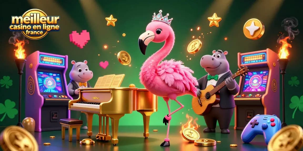 Experience gaming action at meilleur casino en ligne france with excited characters in an animated casino.