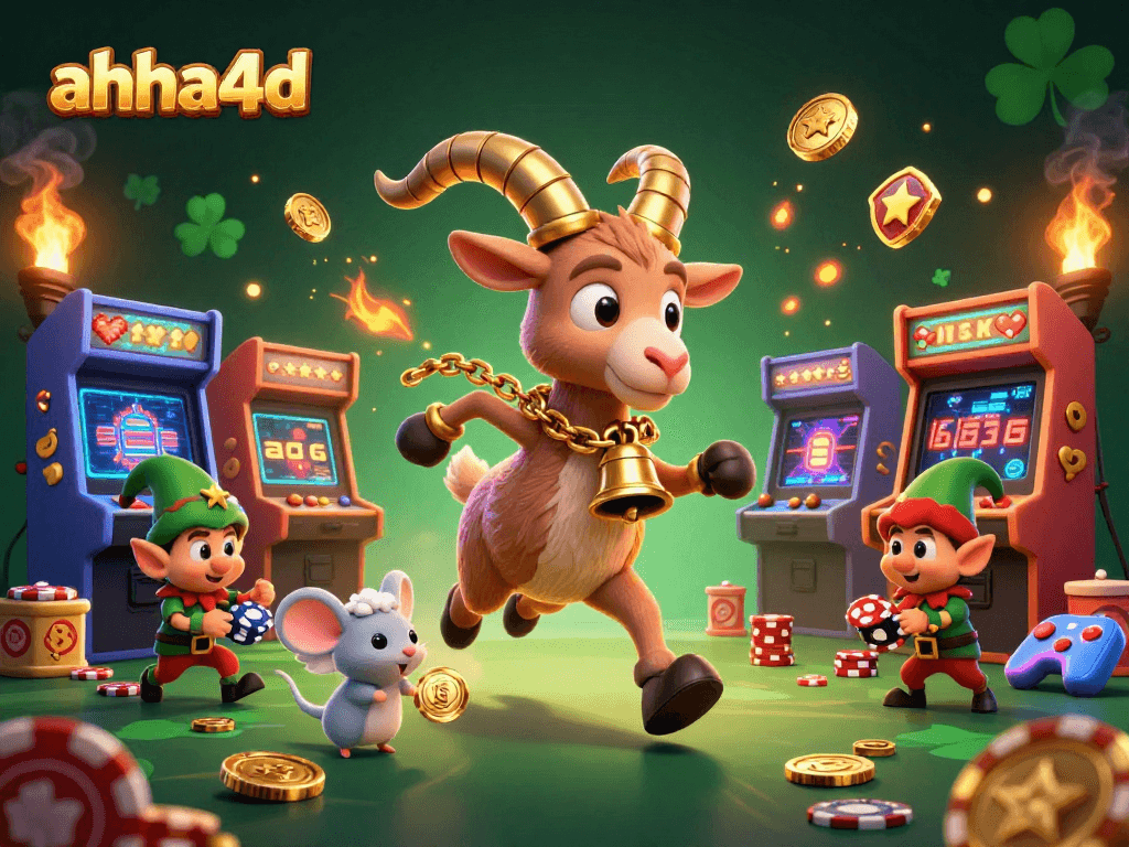 Menghadapi tantangan di kasino online ahha4d dengan suasana casino meriah dan elemen permainan menari.