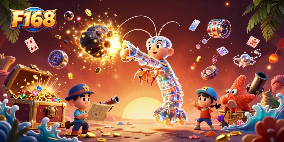 Experience the thrill of F168 gaming with an explosion of gems and coins in a vibrant underwater scene.