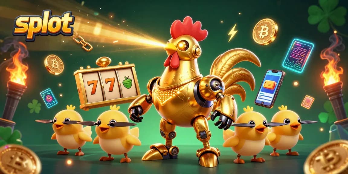 Memenangkan jackpot pada slot dengan ilustrasi robot ayam emas 3D yang menarik di kasino online.