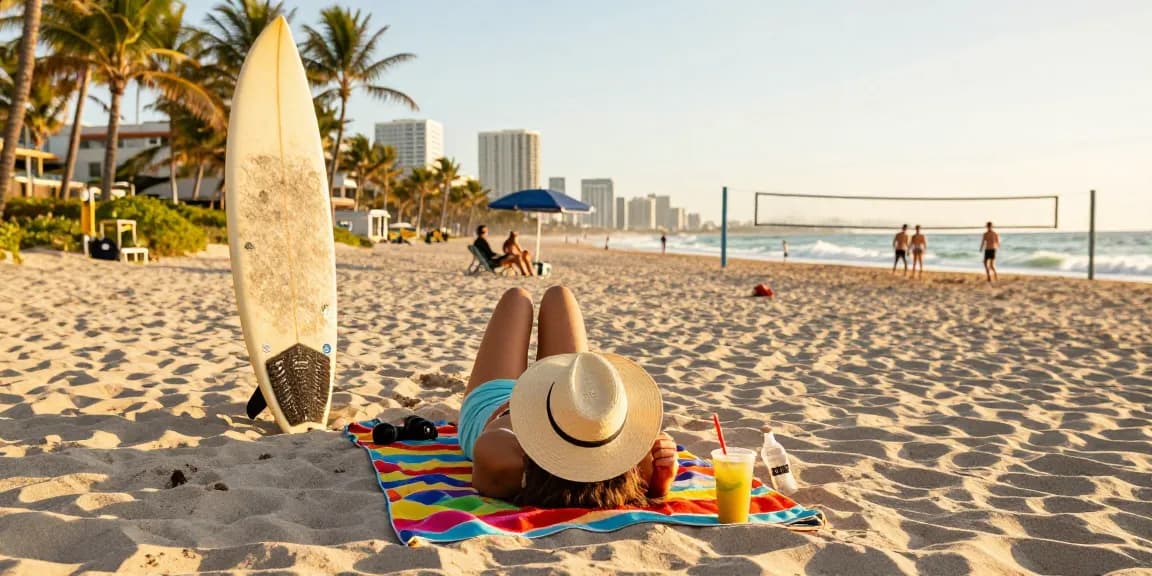 Pengunjung di pantai Miami4D menikmati suasana Santai dengan minuman tropis dan papan selancar.