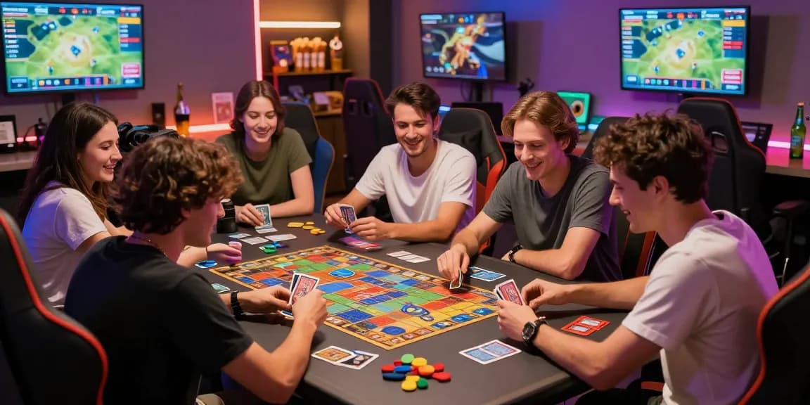 Excited group playing card games in a vibrant gaming room, sunwin-themed decorations visible.