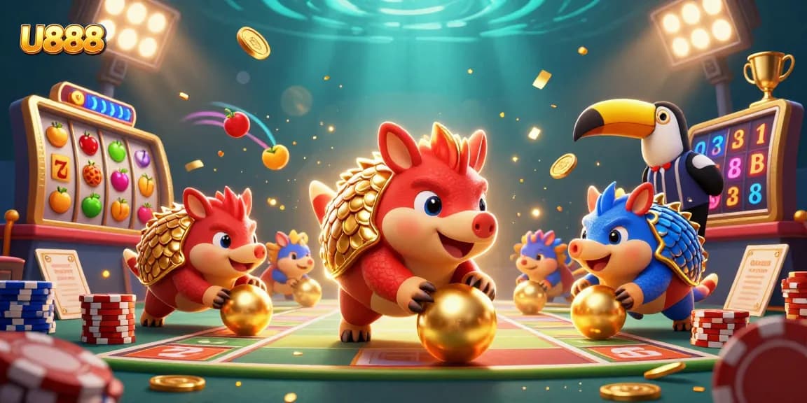 U888 pangolins roll jackpot slots in a vibrant casino scene full of excitement.