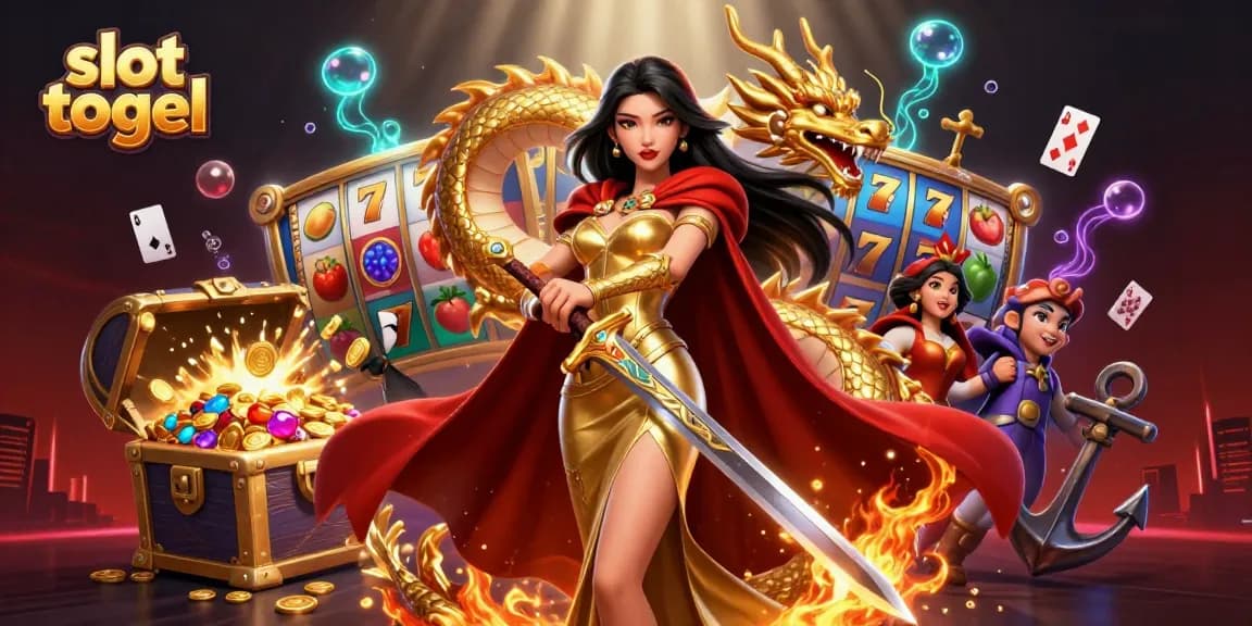 Engage with slot togel amidst a vibrant casino scene featuring a warrior queen and golden dragon.