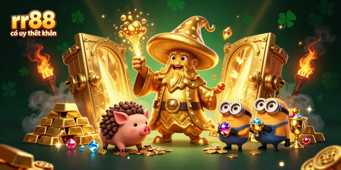Experience the magic at rr88 có uy tín không with a golden wizard and treasure-filled scene.