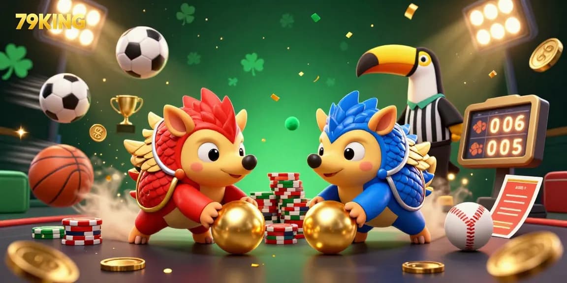 Experience thrilling gameplay with 79KING as pangolins battle through poker chips in a vibrant casino scene.
