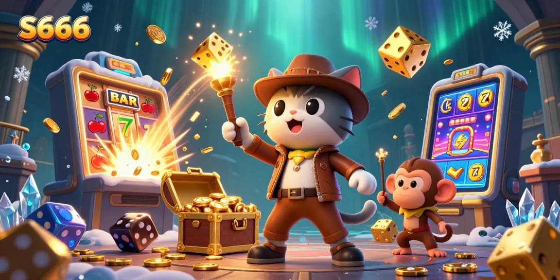 S666 explodes with jackpot excitement featuring a cartoon explorer cat and vibrant casino artifacts.