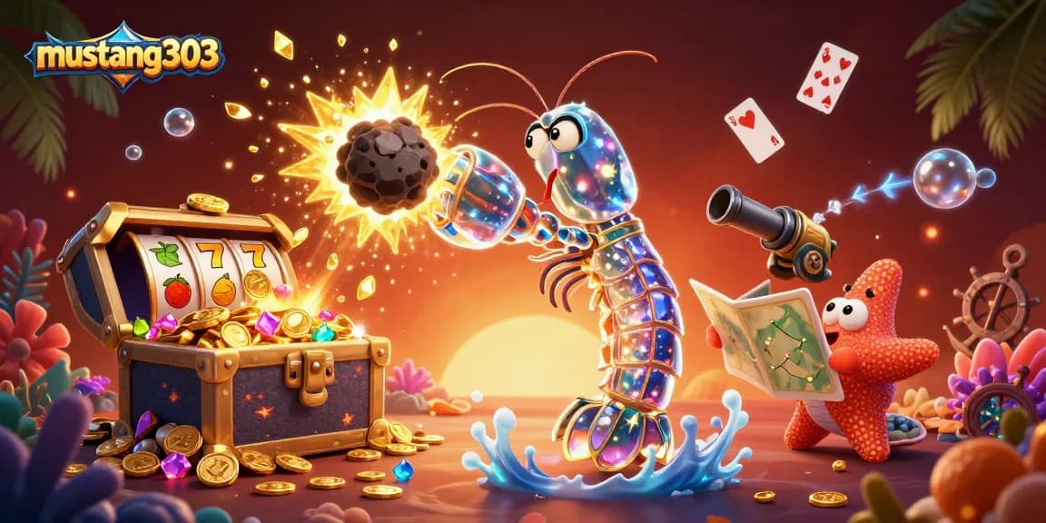 Experience thrilling gameplay with mustang303 as slot reels and treasures burst into action above an aquatic arena.