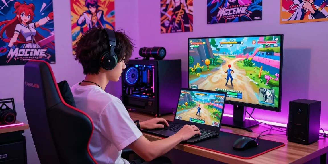 Engaging scene showcasing a character playing a hentai game on a laptop amidst a vibrant gaming setup.