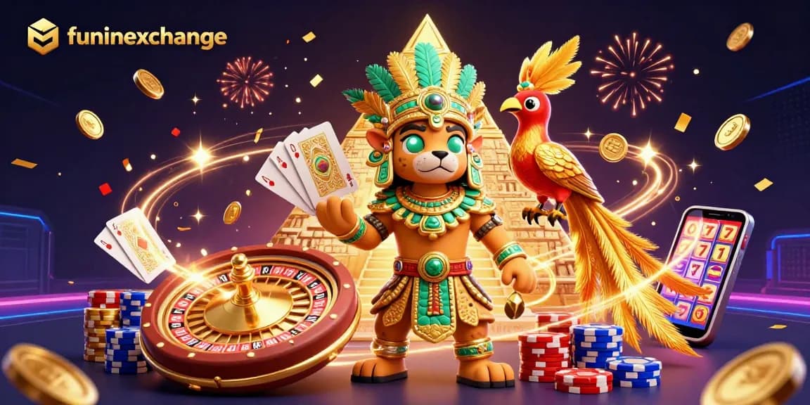 Experience the excitement of funinexchange with this vibrant casino scene showcasing dynamic games and rich illustrations.