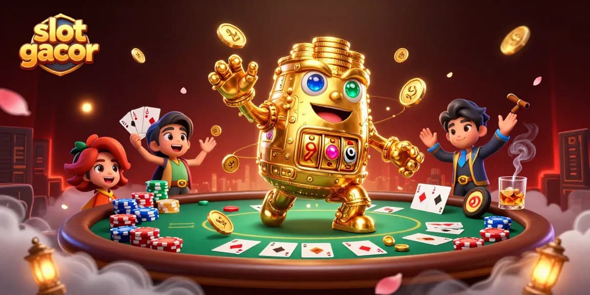 Engage in slot gacor action with a vibrant 3D casino scene featuring a golden golem and poker elements.