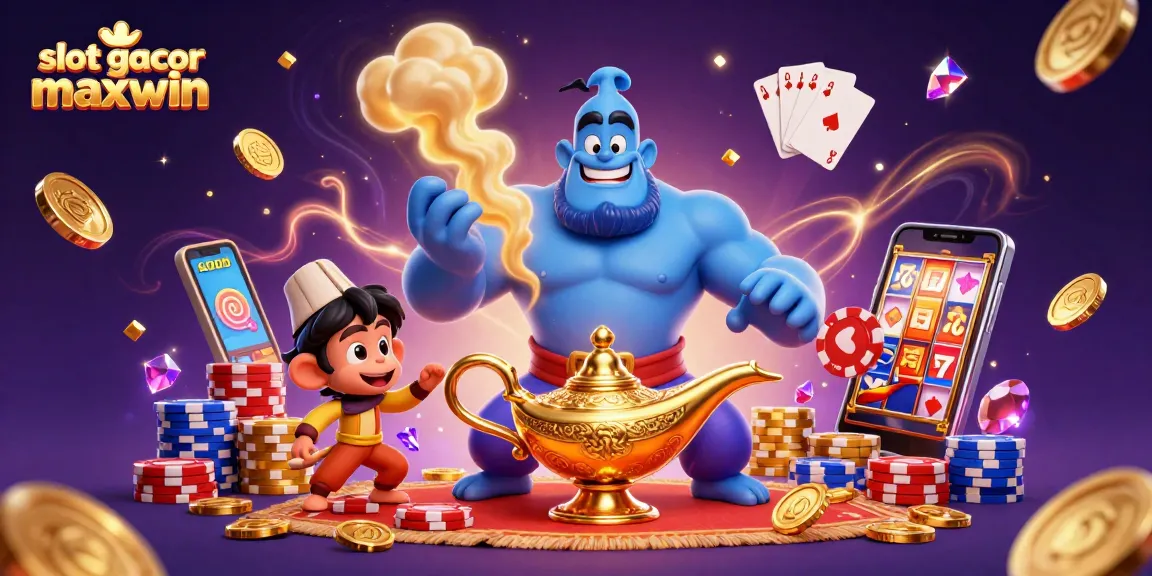 Experience the excitement of slot gacor maxwin with a mystical genie and treasures in this vibrant casino scene.