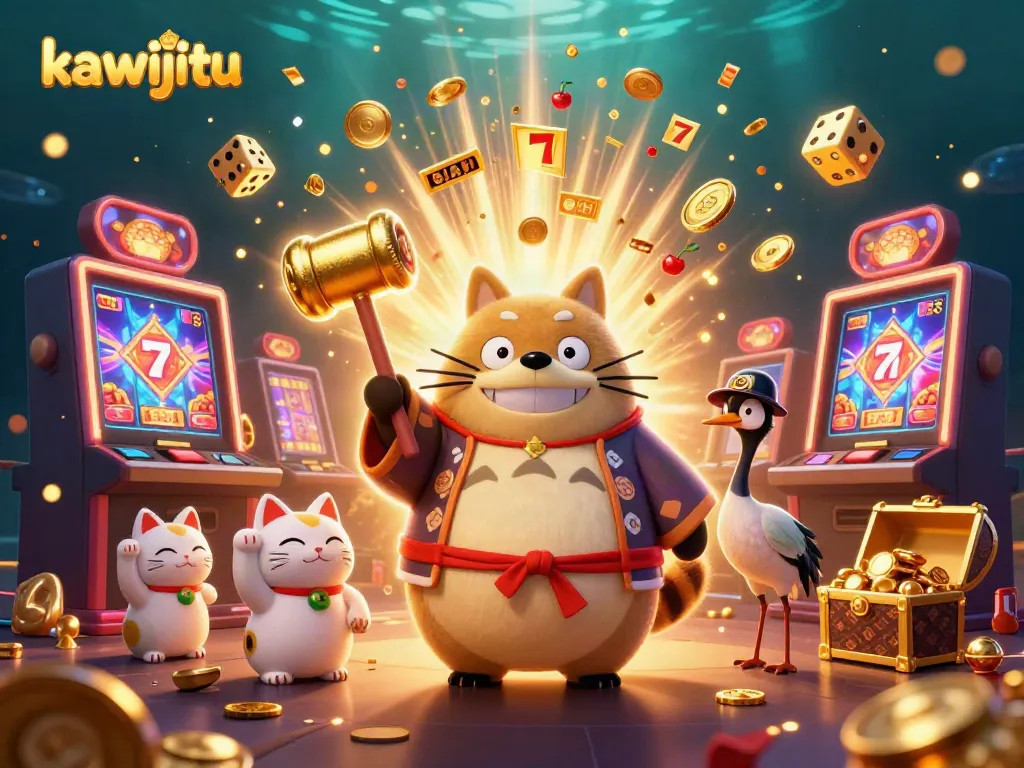 Spin to win with kawijitu in this vibrant 3D casino scene featuring lucky tanuki characters.