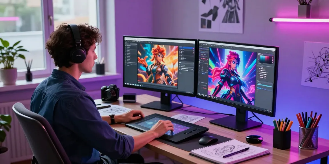 Creative professional designing vibrant nsfw ai content in a modern digital art studio.