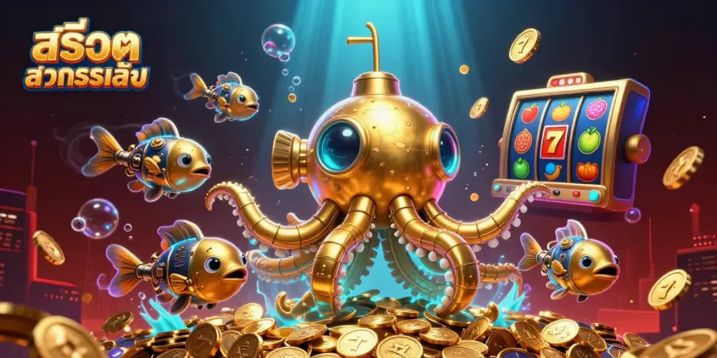 เริ่มเล่นสล็อตทดลองเล่นในโลกใต้ทะเลกับ Kraken ที่มีเหรียญทองล้อมรอบเต็มไปหมด
