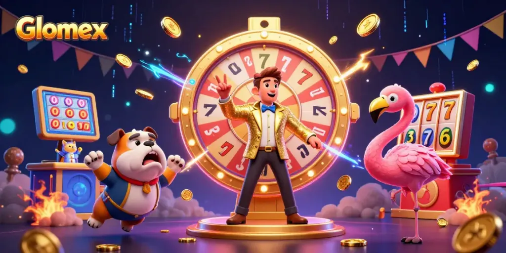 Spin to win with Glomex in an energetic 3D prize scene featuring vibrant characters and slot elements.
