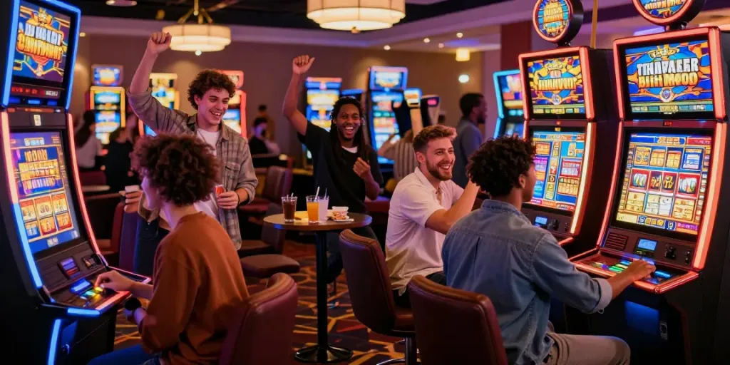Friends enjoying an exciting moment at a slot machine in a lively casino.