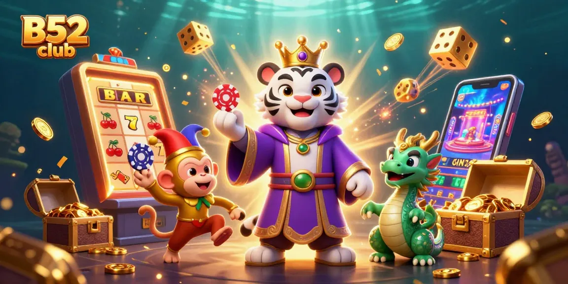 Experience the excitement of B52 club with a vibrant illustration of casino-themed characters and elements.