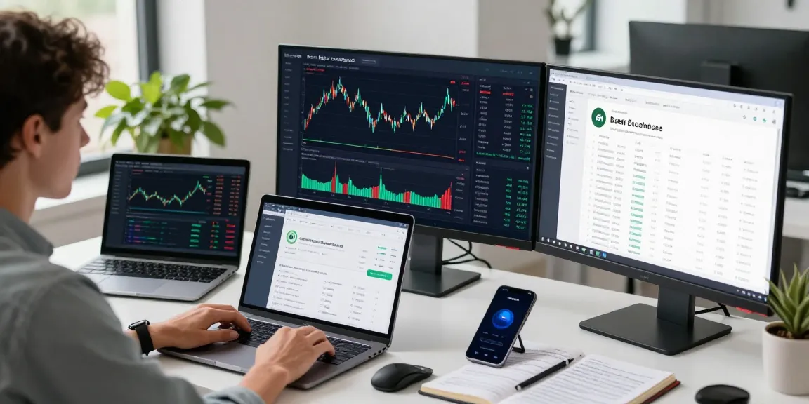 Play exchange trading dashboard showing real-time cryptocurrency analytics in a modern tech workspace.