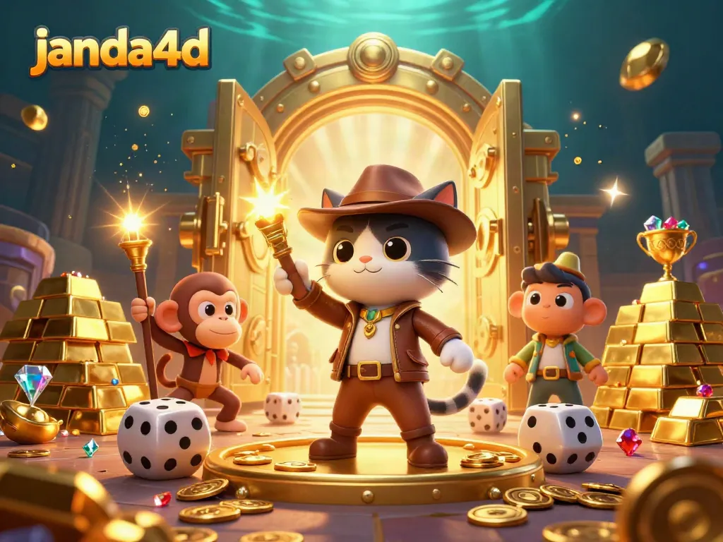 Gambarkan janda4d dengan karakter kucing petualang dan monyet, menemukan artefak kasino dalam latar kuil.