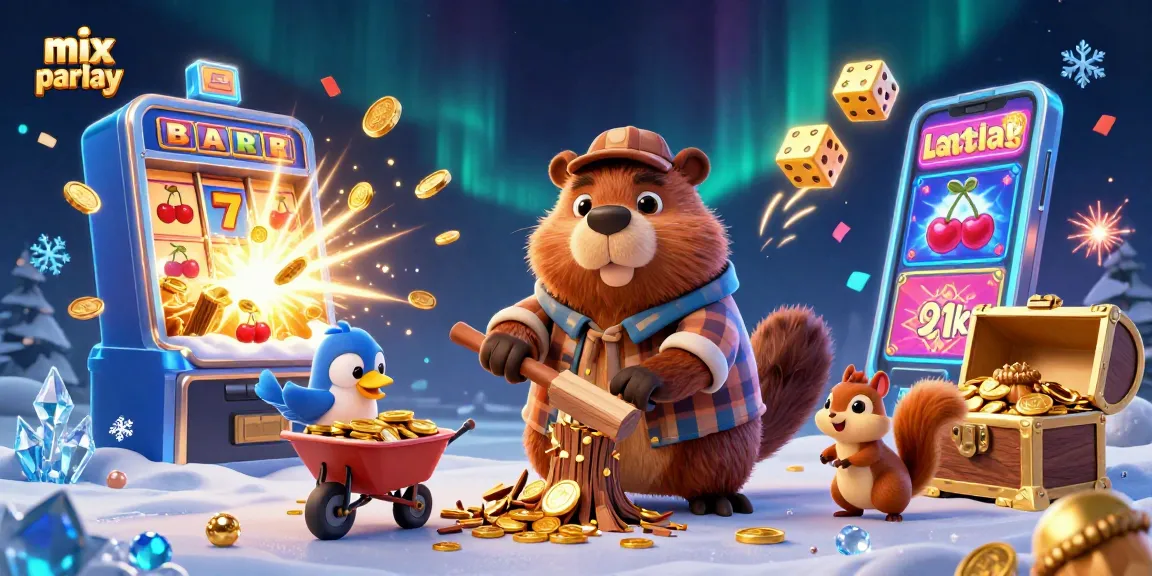 Mix parlay bet illustrated with cartoon characters collecting coins and casino elements in a vibrant scene.
