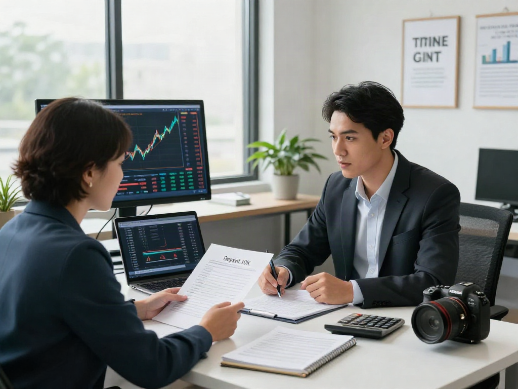 Client meeting with financial advisor discussing deposit 10k investment strategies in a modern office.