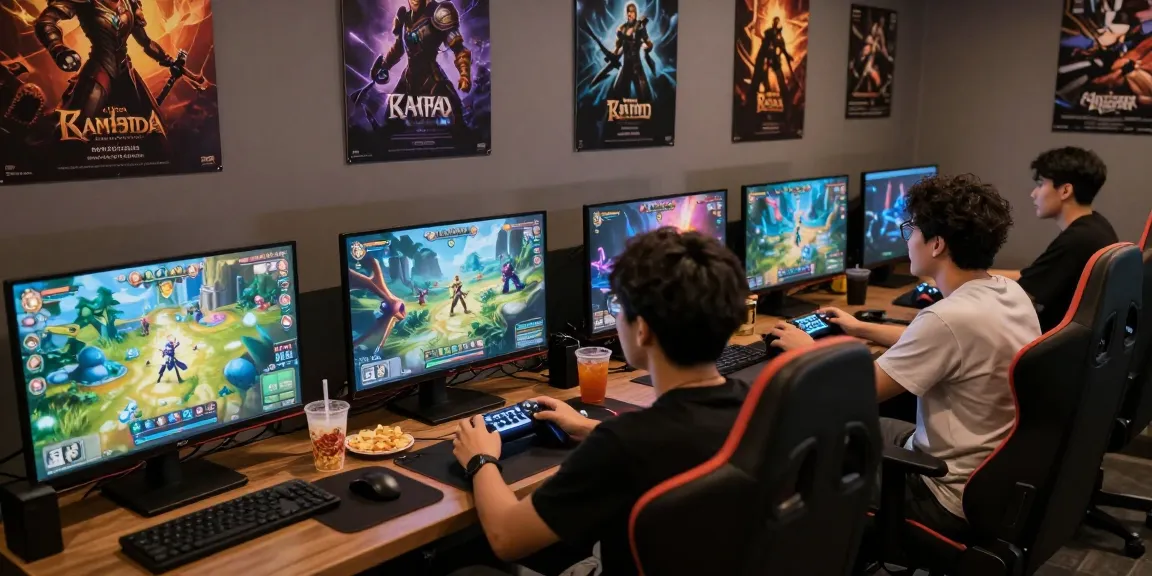 Group enjoying Adult RPG Games in cozy gaming lounge with vibrant screens and snacks.