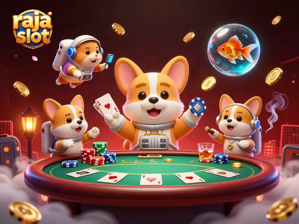 Raja slot yang menyenangkan dengan berbagai simbol permainan, chip poker, dan karakter unik mengapung.
