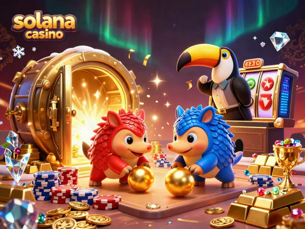 Engage with the solana casino experience featuring rival pangolins and sparkling treasures in a vibrant 3D scene.