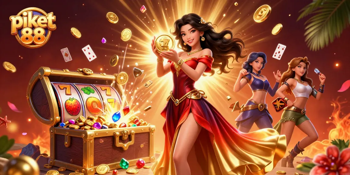 Experience the thrill of the casino with stunning visuals of piket 88 featuring vibrant slot reels and sparkling coins.