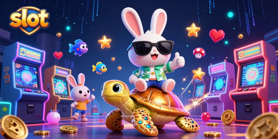 Spin winning slots with the lucky rabbit on a golden sea turtle amidst vibrant casino elements
