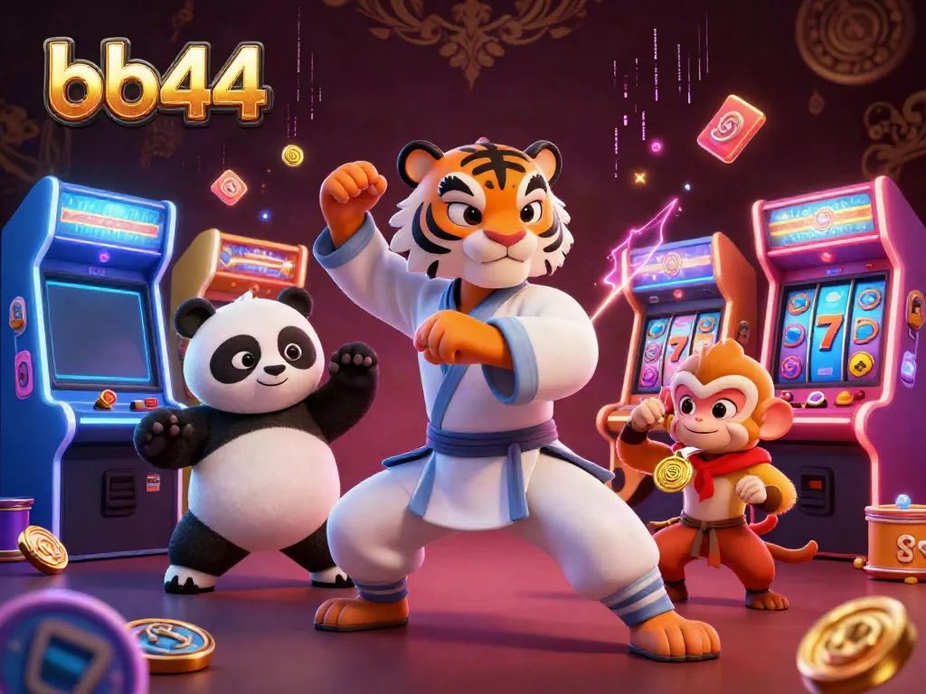 Engaging scene of bb44 with kung fu animal characters and vibrant casino game elements.