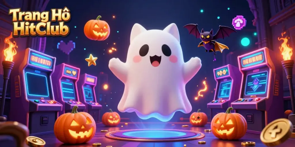 Immerse in the excitement at Trang Chủ HitClub, where a ghost cat and a vampire bat explore a vibrant casino scene.