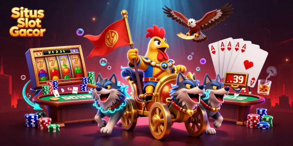 Menggambarkan Situs Slot Gacor dengan karakter ayam jantan dan elemen kasino berwarna cerah.