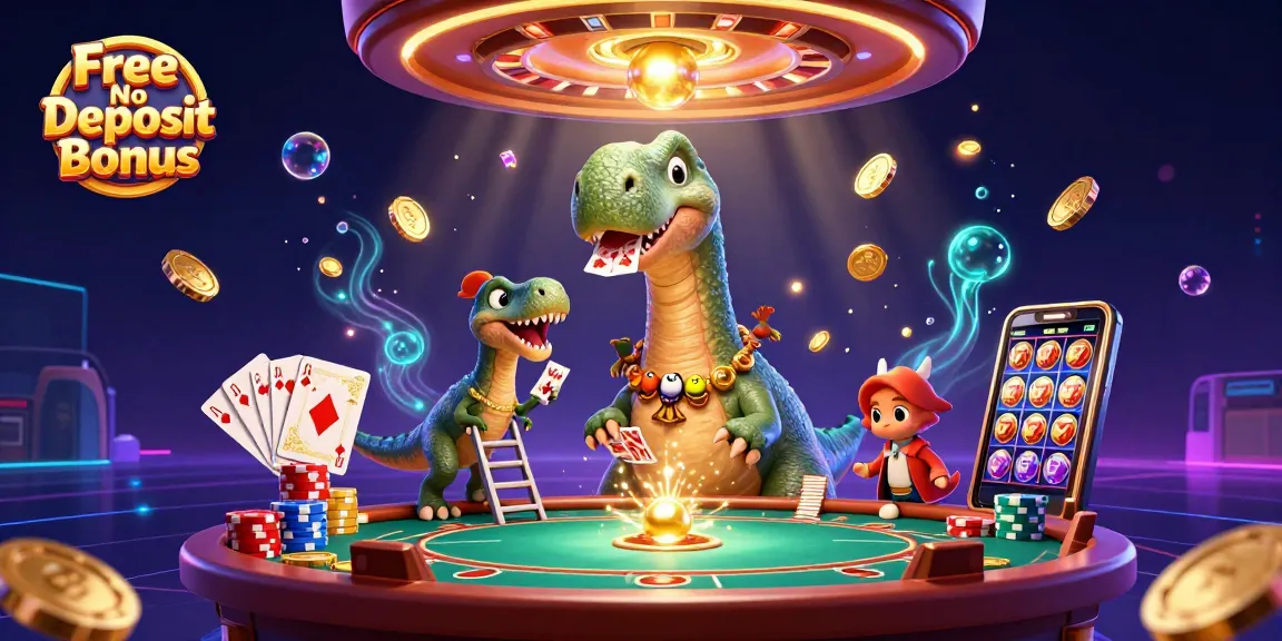 Engage with the Free No Deposit Bonus scene featuring dinosaurs at a vibrant casino with dynamic game elements.