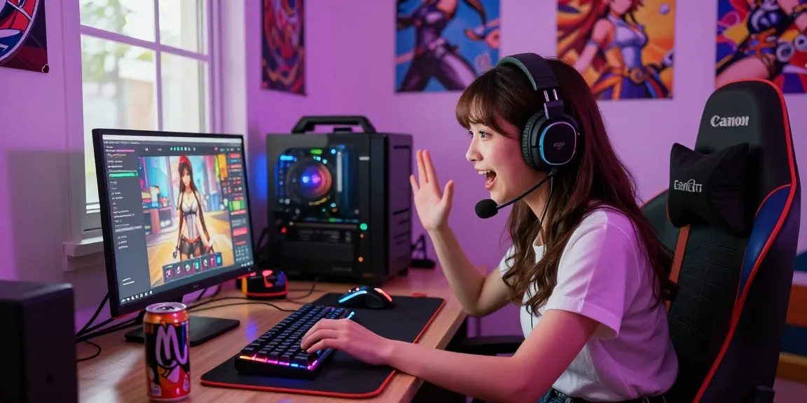 Gamer woman engaging in a female hentai game on her laptop surrounded by vibrant decor.