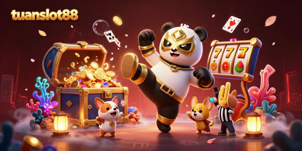 Tuanslot88 menghadirkan kedinamisan permainan casino dengan panda pegulat melakukan tendangan udara di tengah suasana meriah.