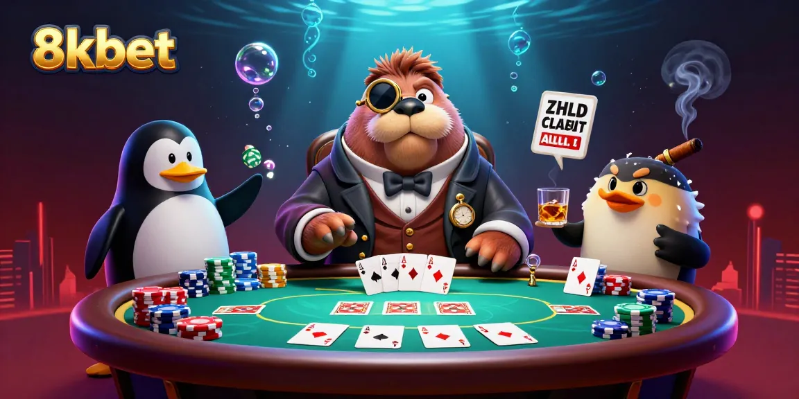 Experience thrilling poker action with 8xbet's underwater scene featuring cartoon characters and vibrant game elements.